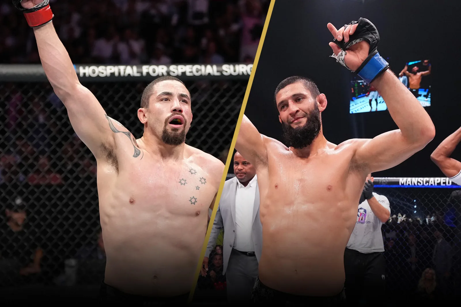 Kaksi MMA-urheilijaa UFC:n häkissä tapahtuman aikana, taustalla yleisöä