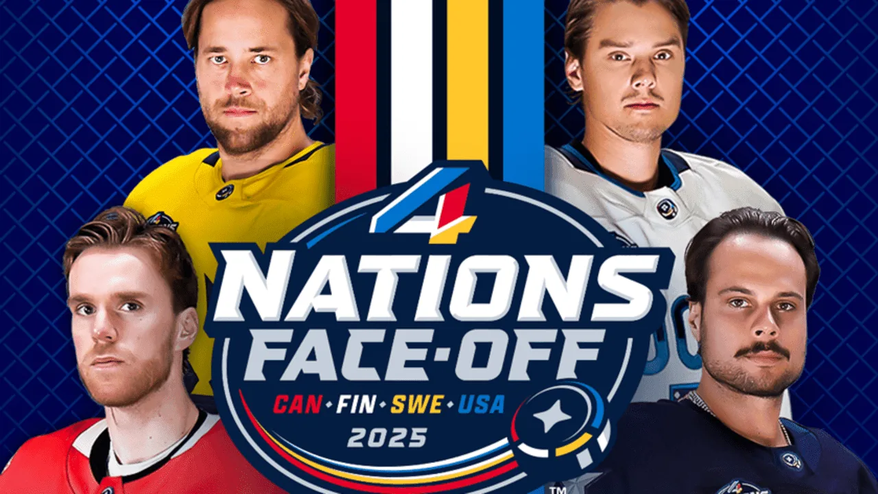 4 Nations Face-Off 2025 -logo sekä Kanadan, Yhdysvaltojen, Ruotsin ja Suomen liput