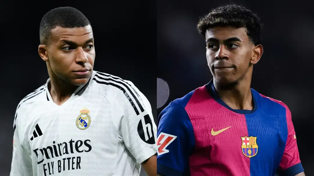 Barcelonan ja Real Madridin pelaajia kaksinkamppailussa El Clásicossa Montjuïcilla
