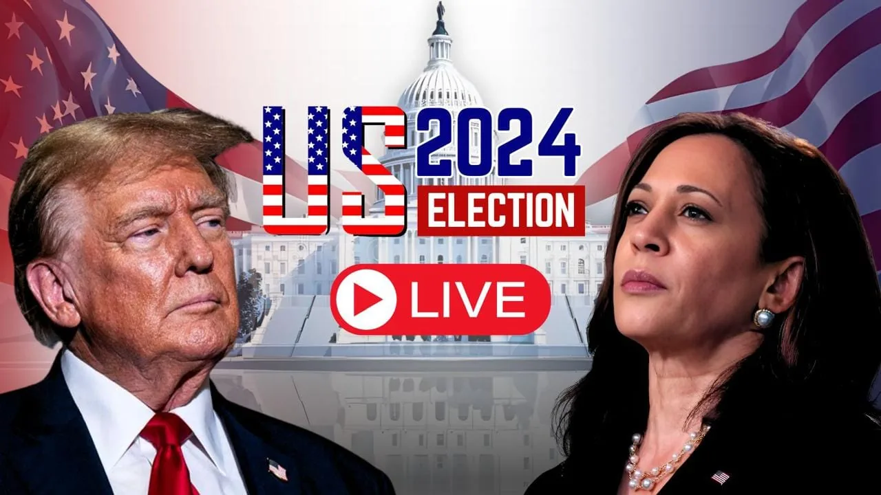 TV-ruutu, jossa vaalistudio ja Yhdysvaltain kartta marraskuun 2024 presidentinvaalien aikaan